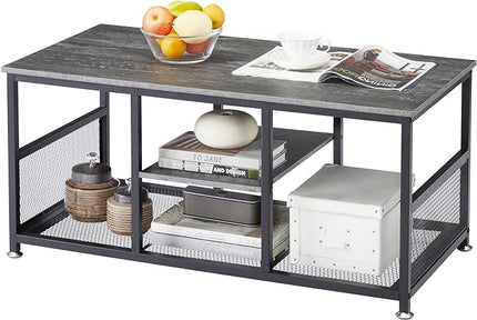 VECELO Coffee Center Table with Storage for Living Room Office Reception, Modern & Industrial Mesh Shelf, 39.4 Inch, Charcoal Grey - LeafyLoom