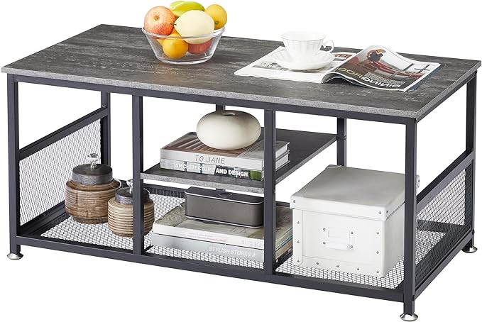 VECELO Coffee Center Table with Storage for Living Room Office Reception, Modern & Industrial Mesh Shelf, 39.4 Inch, Charcoal Grey - LeafyLoom