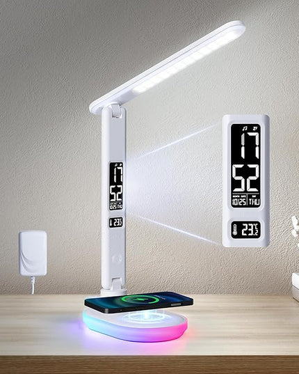 Led Desk Lamp with Charger: Office Table Lamps with USB Wireless Charging for Home Reading - Desk Lights with Clock for College - LeafyLoom