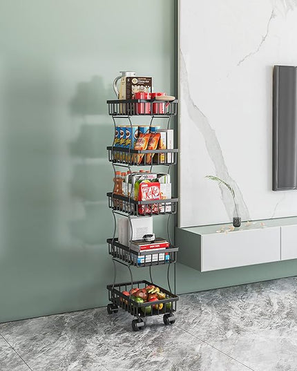 Wisdom Star 5 Tier Fruit Vegetable Basket for Kitchen, Fruit Vegetable Storage Cart, Vegetable Basket Bins, Wire Storage Basket Organizer Utility Cart with Wheels, Medium, Black - LeafyLoom