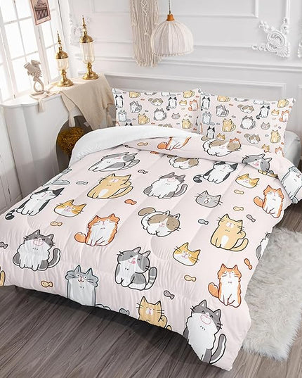 Kids Cute Cat Comforter Set Full Size 3Pcs Cartoon Pet Cat Fishing Bedding Set Lovely Animal Quilt Bed Set for Children Girls Boys Room Decor - LeafyLoom