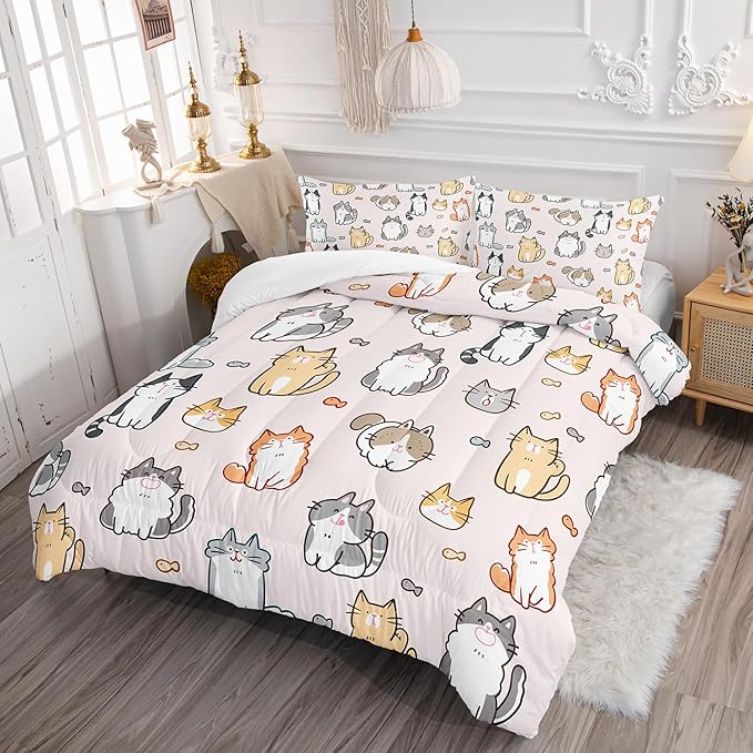Kids Cute Cat Comforter Set Full Size 3Pcs Cartoon Pet Cat Fishing Bedding Set Lovely Animal Quilt Bed Set for Children Girls Boys Room Decor - LeafyLoom