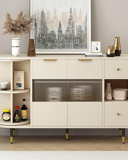 51.1" Rotating Storage Cabinet Sideboard with 2 of Tempered Changhong Glass and 2 Drawers,Wooden Console Table,w/Built-in Shelves & Turntable,for Living Room,Beige - LeafyLoom