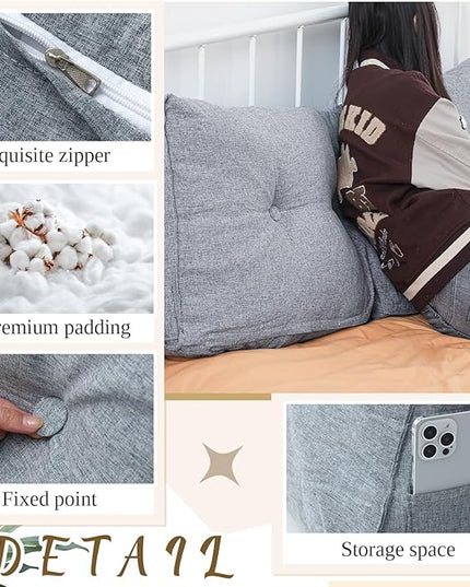 Headboard Wedge Pillow Triangular Bed Rest Reading Backrest Body Bolster Cushion Back Support Long Bolster Pillow for Bed Gifts with Removable Cover (Gray,Twin (39 x 20 x 8 Inch)) - LeafyLoom