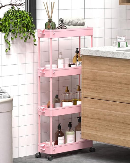 SPACEKEEPER Slim Rolling Storage Cart 4 Tier Bathroom Organizer Utility Cart Mobile Shelving Unit Tower Rack for Kitchen, Laundry Room, Bathroom, Narrow Places, Pink - LeafyLoom