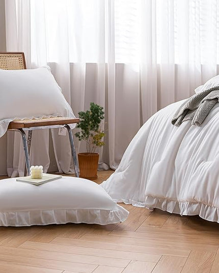 JANZAA California King Comforter Set White Comforter Ruffle 3PCS Soft Fluffy Boho Comforter Vintage Farmhouse Bed Comforter Set Shabby Chic Bedding with 2 Pillowcases for All Season - LeafyLoom