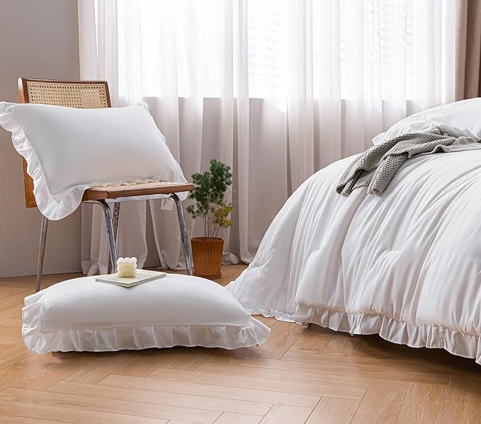 JANZAA King Size Comforter Set White Comforter Set Ruffled Comforter Set Soft Vintage Farmhouse Bed Comforter Set Fluffy 3PCS Shabby Chic Bedding with 2 Pillowcases - LeafyLoom
