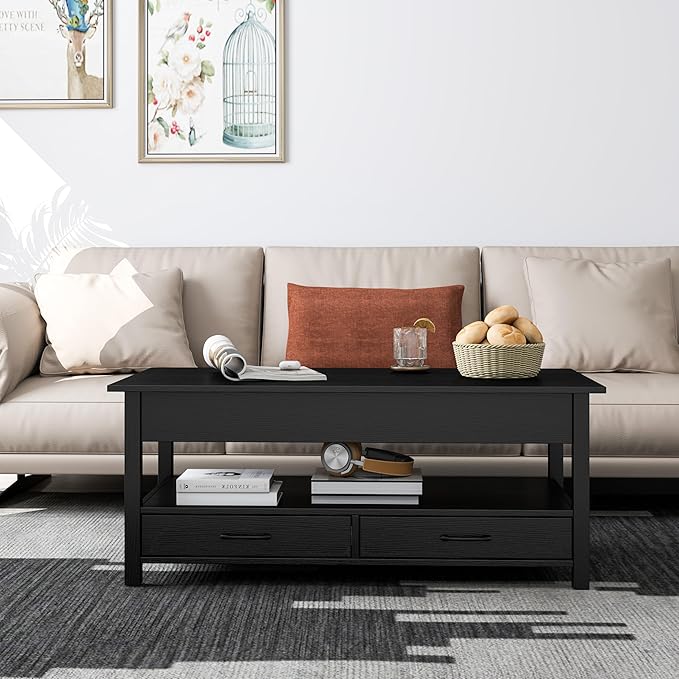 Panana Coffee Table, Lift Top Coffee Table with Hidden Compartment, 2 Drawers and 1 Open Shelf, Retro Central Wooden Table Lift Tabletop for Living Room (Black) - LeafyLoom