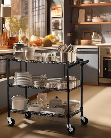Finnhomy 3 Tier Heavy Duty Commercial Grade Utility Cart, Wire Rolling Cart with Handle Bar, Steel Service Cart with Wheels, Kitchen Carts on Wheels, Metal Cart Shelf Size 18" D x 36" W, NSF, Black - LeafyLoom