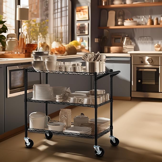 Finnhomy 3 Tier Heavy Duty Commercial Grade Utility Cart, Wire Rolling Cart with Handle Bar, Steel Service Cart with Wheels, Kitchen Carts on Wheels, Metal Cart Shelf Size 18" D x 36" W, NSF, Black - LeafyLoom