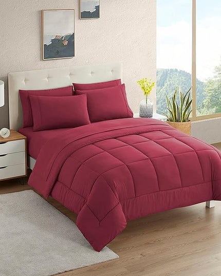 Dorm Room Essentials College Bedding Comforter Set 7 Piece Full Size Bed in a Bag for College Students Boys and Girls, Full, Burgundy - LeafyLoom
