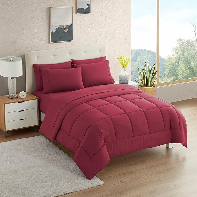 Dorm Room Essentials College Bedding Comforter Set 7 Piece Full Size Bed in a Bag for College Students Boys and Girls, Full, Burgundy - LeafyLoom