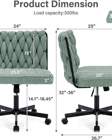 Criss Cross Legged Office Desk Chair with Wheels, Modern Armless Desk Chair with Wide Seat, Home Office Chair for Work, Meditation, Vanity, Green - LeafyLoom