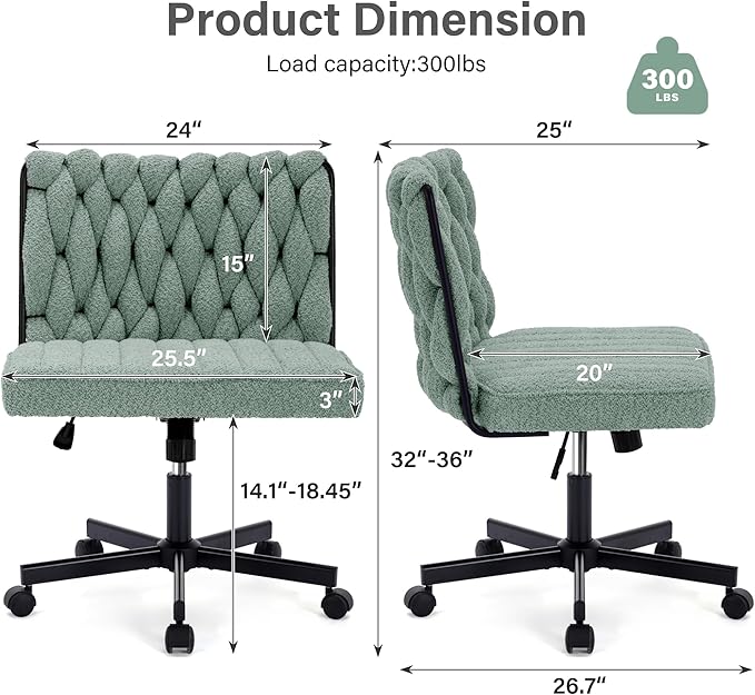 Criss Cross Legged Office Desk Chair with Wheels, Modern Armless Desk Chair with Wide Seat, Home Office Chair for Work, Meditation, Vanity, Green - LeafyLoom