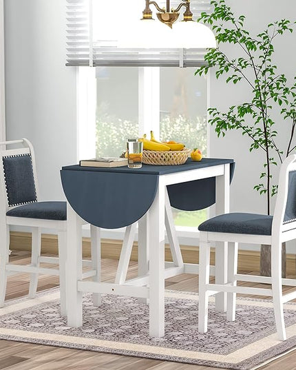 Dining Room Table Set for 2, 3-Piece Wood Counter Height Dining Table Set with Drop Leaf and 2 Upholstered Dining Chairs for Small Place, White+Grey - LeafyLoom
