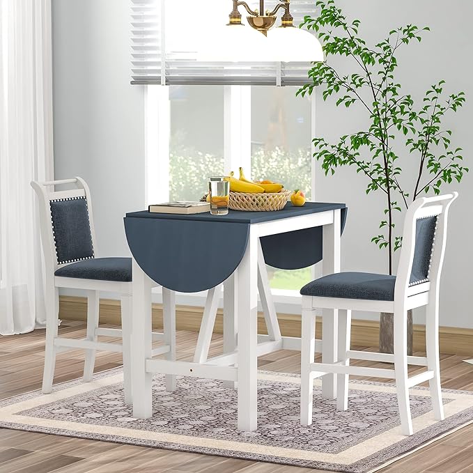 Dining Room Table Set for 2, 3-Piece Wood Counter Height Dining Table Set with Drop Leaf and 2 Upholstered Dining Chairs for Small Place, White+Grey - LeafyLoom