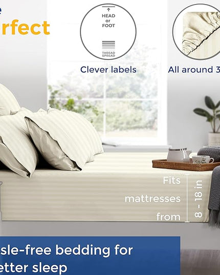 THREAD SPREAD Luxury Egyptian Cotton King Stripe Sheet Set, 600 Thread Count Extra Long Staple 4 PC Set, King Damask Sheets, Soft, Cooling Sateen Weave Striped Sheets Upto 18" Deep Pocket - Ivory - LeafyLoom
