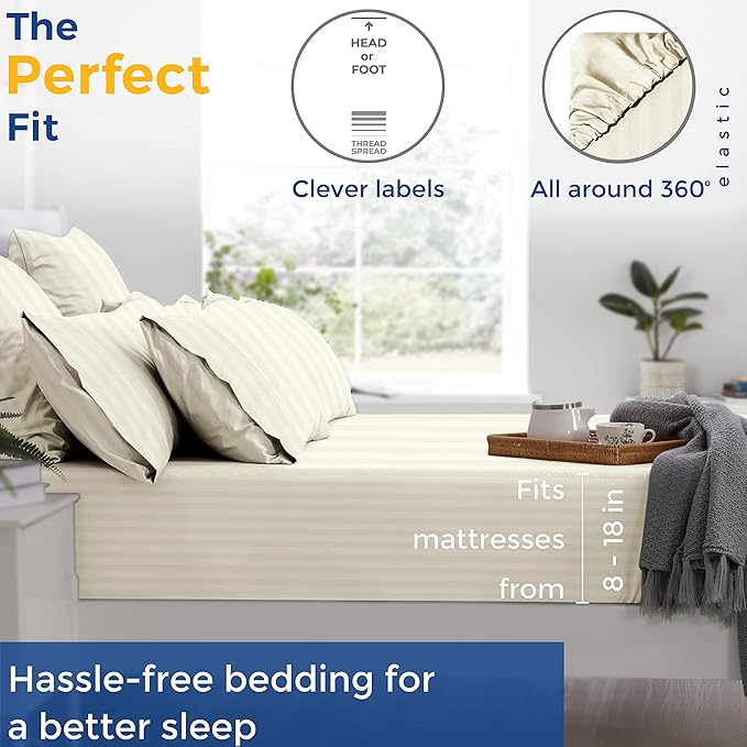 THREAD SPREAD Luxury Egyptian Cotton King Stripe Sheet Set, 600 Thread Count Extra Long Staple 4 PC Set, King Damask Sheets, Soft, Cooling Sateen Weave Striped Sheets Upto 18" Deep Pocket - Ivory - LeafyLoom