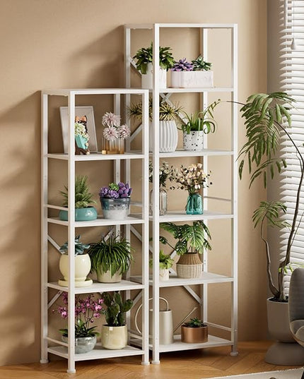 Furologee White Tall Bookshelf, Narrow Bookcase with 6 Shelves, Modern Freestanding Shelf Units, Metal and Wood Display Storage Corner Rack Organizer for Living Room, Home Office, Hallway, Bathroom - LeafyLoom
