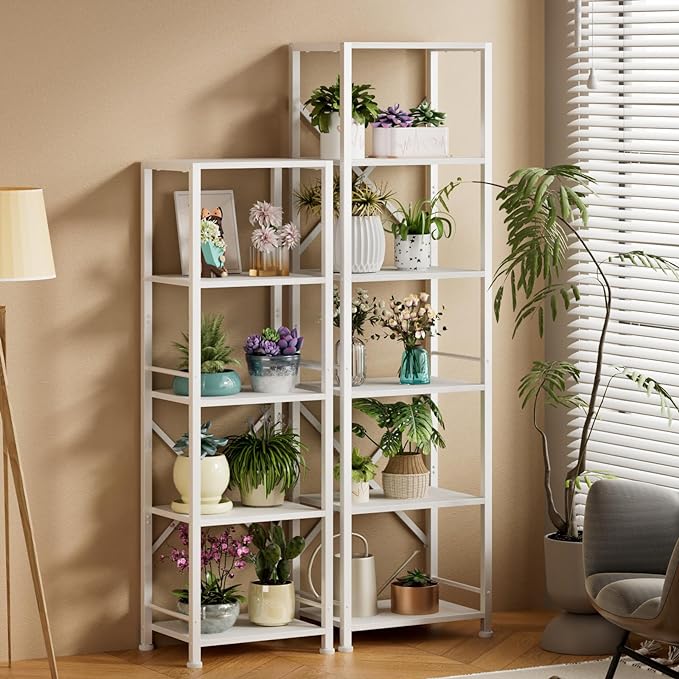 Furologee White Tall Bookshelf, Narrow Bookcase with 6 Shelves, Modern Freestanding Shelf Units, Metal and Wood Display Storage Corner Rack Organizer for Living Room, Home Office, Hallway, Bathroom - LeafyLoom