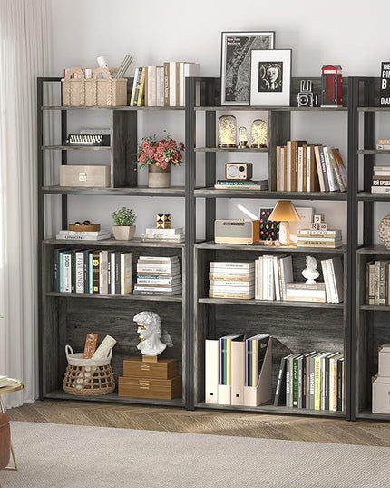armocity Industrial Bookshelf, 6 Tier Tall Bookshelves Wood Metal Frame Standing Bookcase, Display Book Shelf with Adjustable Storage Shelves for Home Office, Living Room, Bed Room, Grey Oak - LeafyLoom
