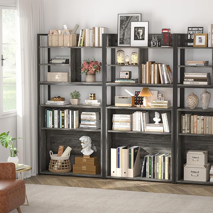 armocity Industrial Bookshelf, 6 Tier Tall Bookshelves Wood Metal Frame Standing Bookcase, Display Book Shelf with Adjustable Storage Shelves for Home Office, Living Room, Bed Room, Grey Oak - LeafyLoom