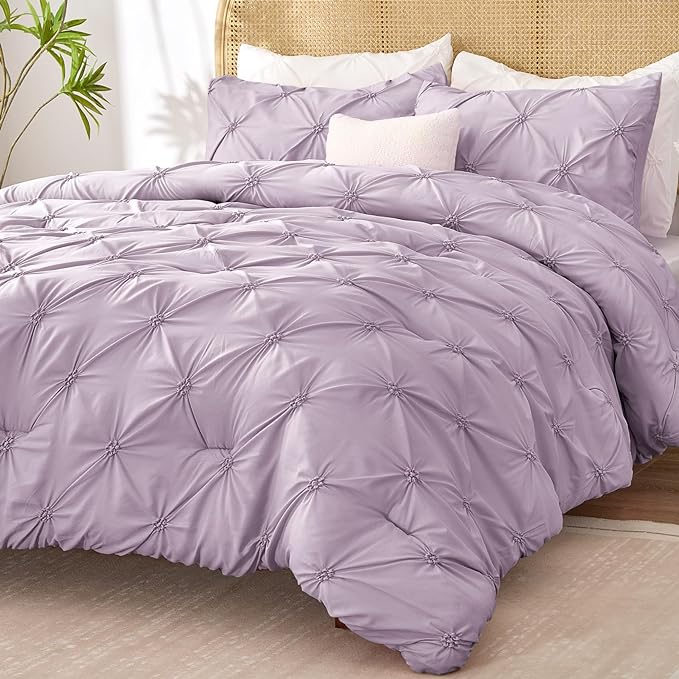 BEDELITE Light Purple Twin Comforter Set for Girls - 2 Peices Boho Pintuck Bedding Comforter Sets, Lightweight Soft & Warm Twin Bedding Sets with 1 Pillowcase for All Season - LeafyLoom