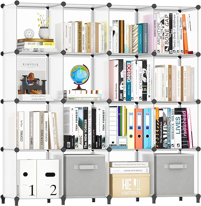 HOMIDEC Book Shelf 16 Cubes Bookcase Bookshelf Cube Storage Organizer Portable Display Bookshelf Kids Bookshelf Book Case for Study Room,Bedroom,Office,Living Room,Closet Transparent - LeafyLoom