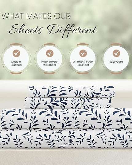 Linen Market Easy Care Double Brushed Microfiber 16" Deep Pocket 4 Piece Bed Sheet Set, Burst of Vines Navy, King - LeafyLoom