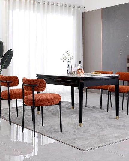 Orange Dining Chairs Set of 4 Round Upholstered Boucle Dining Room Chairs Mid-Century Modern Kitchen Chairs Curved Backrest Chairs for Dining Room Black Metal Legs - LeafyLoom