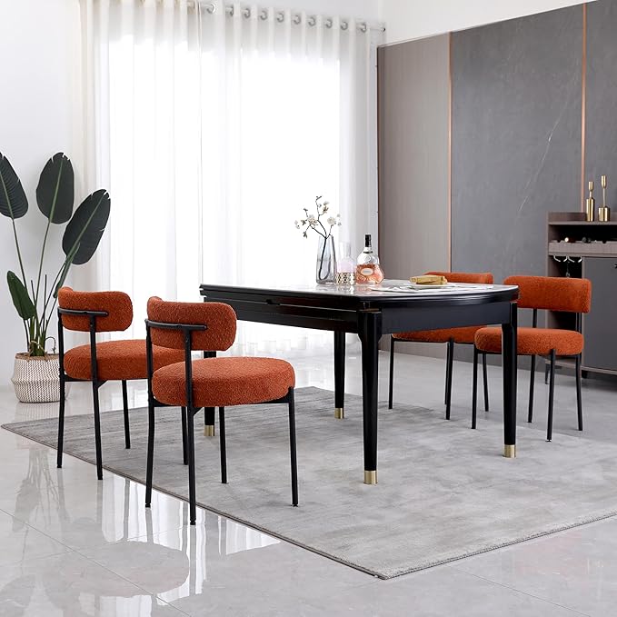 Orange Dining Chairs Set of 4 Round Upholstered Boucle Dining Room Chairs Mid-Century Modern Kitchen Chairs Curved Backrest Chairs for Dining Room Black Metal Legs - LeafyLoom