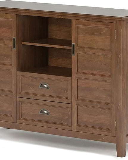 SIMPLIHOME Burlington SOLID WOOD Universal TV Media Stand, 54 inch Wide, Transitional, Living Room Entertainment Center, Storage Shelves and Cabinets, for TVs up to 60 inches in Medium Saddle Brown - LeafyLoom