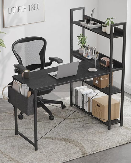 Treesland 55 Inch Computer Desk with Storage Shelves, L Shaped Desk with Storage, Corner Desk with Storage, Home Office Desks, Bookshelf Desk, Writing Study Desk for Bedroom, Black - LeafyLoom