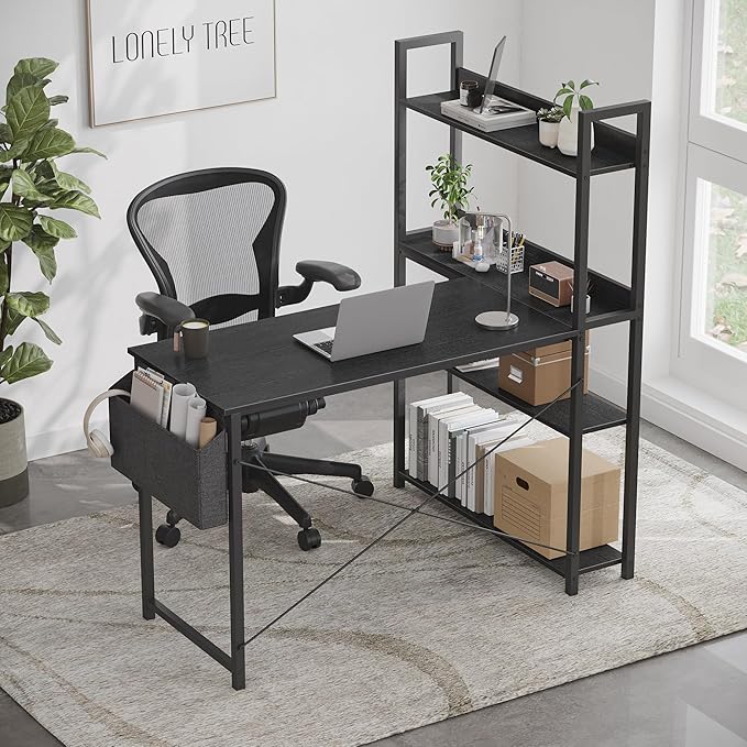 Treesland 55 Inch Computer Desk with Storage Shelves, L Shaped Desk with Storage, Corner Desk with Storage, Home Office Desks, Bookshelf Desk, Writing Study Desk for Bedroom, Black - LeafyLoom