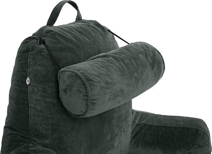 Husband Pillow XXL Dark Green Backrest with Arms - Adult Reading Pillow Shredded Memory Foam, Ultra-Comfy Removable Microplush Cover & Detachable Neck Roll, Unmatched Support Bed Rest Sit Up Pillow - LeafyLoom