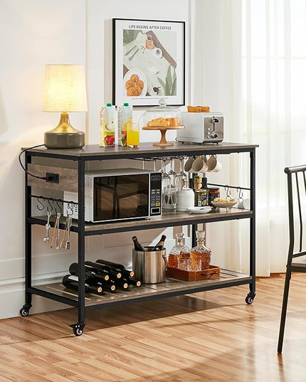 Yaheetech Kitchen Cart with Power Outlet, Rolling Kitchen Island on Wheels with Glass Holder & Hooks, Utility Trolley Cart Coffee Bar Microwave Stand Cart with Lockable Casters, Taupe Wood - LeafyLoom