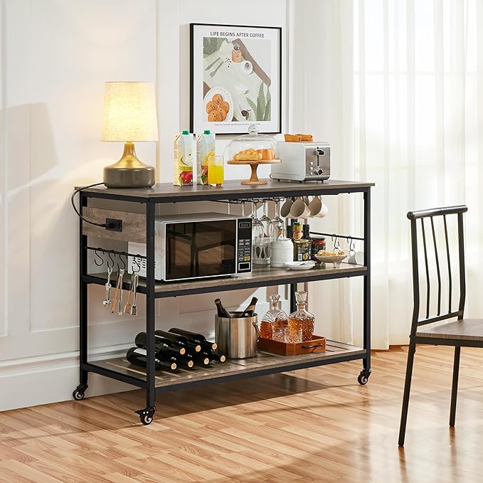 Yaheetech Kitchen Cart with Power Outlet, Rolling Kitchen Island on Wheels with Glass Holder & Hooks, Utility Trolley Cart Coffee Bar Microwave Stand Cart with Lockable Casters, Taupe Wood - LeafyLoom