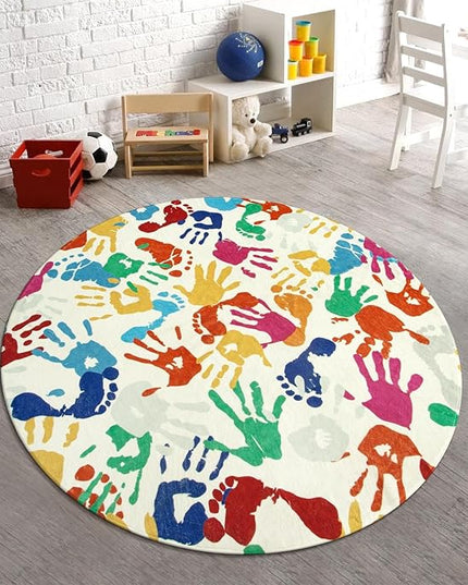 Colorful Round Kids Rug 5 Ft, Machine Washable Rug for Playroom, Non-Slip Circle Rugs for Classroom, Soft Circular Carpet Handprints and Footprints Play Mat for Nursery Bedroom Preschool - LeafyLoom