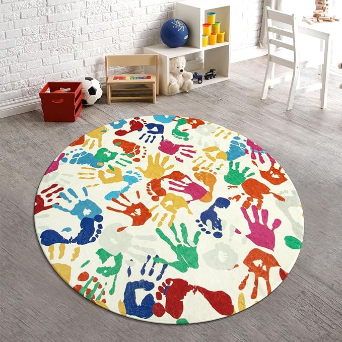 Colorful Round Kids Rug 5 Ft, Machine Washable Rug for Playroom, Non-Slip Circle Rugs for Classroom, Soft Circular Carpet Handprints and Footprints Play Mat for Nursery Bedroom Preschool - LeafyLoom