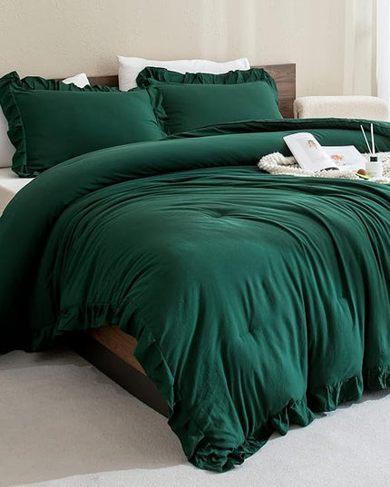 Andency California King Comforter Set Dark Green (104x96Inch), 3 Pieces Cal King Ruffle Comforter, Oversized Farmhouse Shabby Chic Bed Comforter, Lighteweight and Soft Microfiber Bedding Set - LeafyLoom