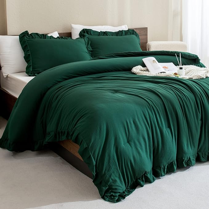 Andency Dark Emerald Green Comforter Set Queen, 3 Pieces Solid Ruffle Farmhouse Bedding Set for Queen Bed, Lightweight Soft Ruffled Bed Comforter Set for All Seasons - LeafyLoom