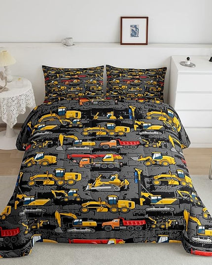 Erosebridal Excavator Comforter Set King,Tractor Construction Bedding Set for Kids Boys Teens Truck Room Decor,Cartoon Vehicle Car Bedding Comforter Construction Site Duvet Set Yellow Dark Grey 3 Pcs - LeafyLoom