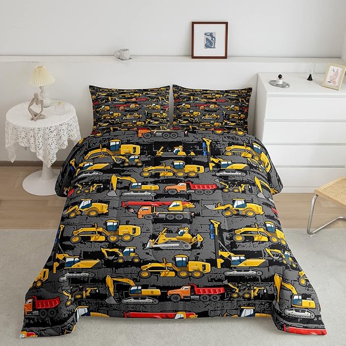 Tractor Comforter set Queen,Construction Bedding Comforter Bedroom Decor For Boys Kids Teens,Cartoon Excavator Truck Down Comforter Vehicle Cars Bed Set For All Season Yellow Dark Grey 2 Pillowcases - LeafyLoom