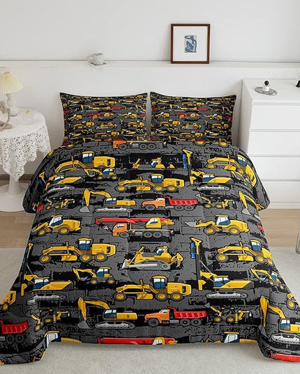 Boys Full Size Construction Comforter Set,Kids Tractor Comforter Yellow Trucks Car Bed Room Decor,Equipment Excavator Bedding Set Cartoon Vehicle Quilt Duvet Set Soft Lightweight Dark Grey 3 Pcs - LeafyLoom