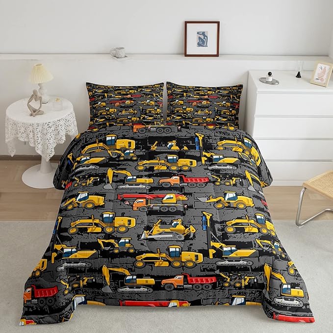 Boys Full Size Construction Comforter Set,Kids Tractor Comforter Yellow Trucks Car Bed Room Decor,Equipment Excavator Bedding Set Cartoon Vehicle Quilt Duvet Set Soft Lightweight Dark Grey 3 Pcs - LeafyLoom