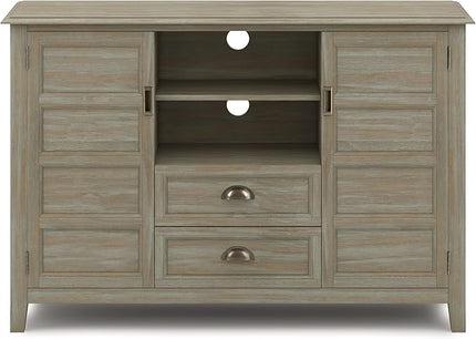 SIMPLIHOME Burlington SOLID WOOD Universal TV Media Stand, 54 inch Wide, Transitional, Living Room Entertainment Center, Storage Shelves and Cabinets, for TVs up to 60 inches in Distressed Grey - LeafyLoom