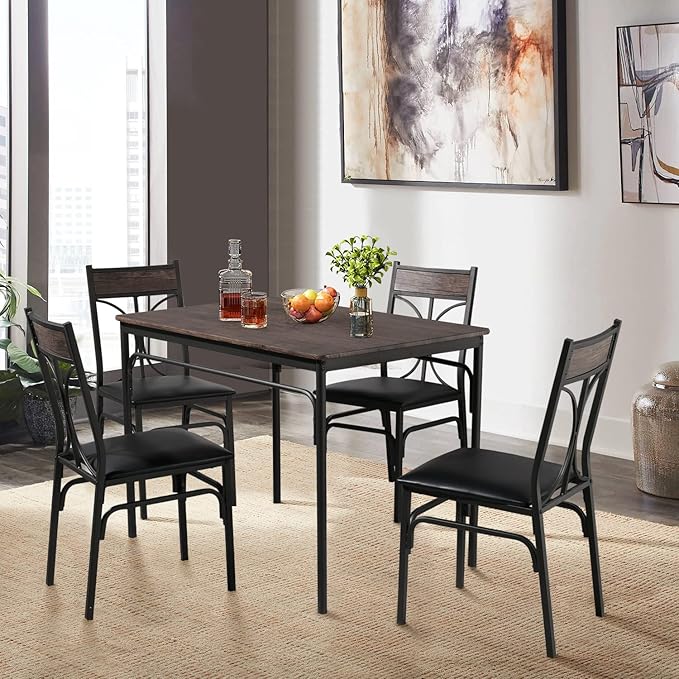 VECELO 5 Piece Kitchen Table Set for Dining Room,Dinette,Breakfast Nook,Industrial Style, Seating for four, Brown - LeafyLoom