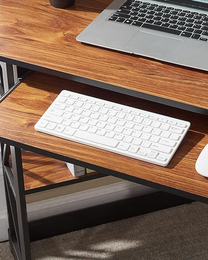 VECELO Corner Computer Desk Writing Smooth Keyboard Tray & Storage Shelves,Compact Home Office Triangle Table, Teak - LeafyLoom