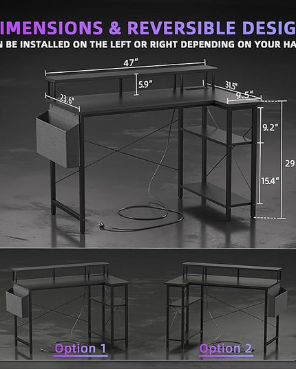 L Shaped Gaming Desk with Power Outlets, 47 Inch Computer Desk with LED Lights and Reversible Shelves, Corner Desk Work Desk for Home Office Bedroom, Black - LeafyLoom