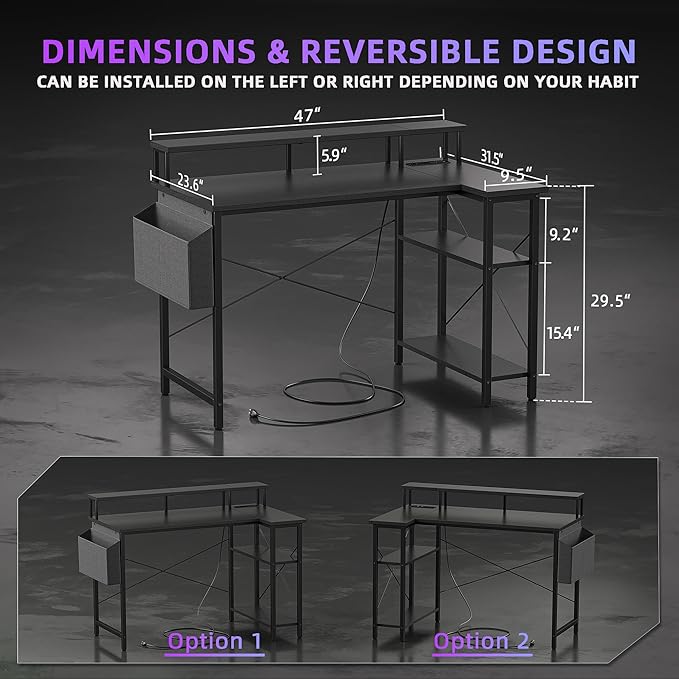 L Shaped Gaming Desk with Power Outlets, 47 Inch Computer Desk with LED Lights and Reversible Shelves, Corner Desk Work Desk for Home Office Bedroom, Black - LeafyLoom